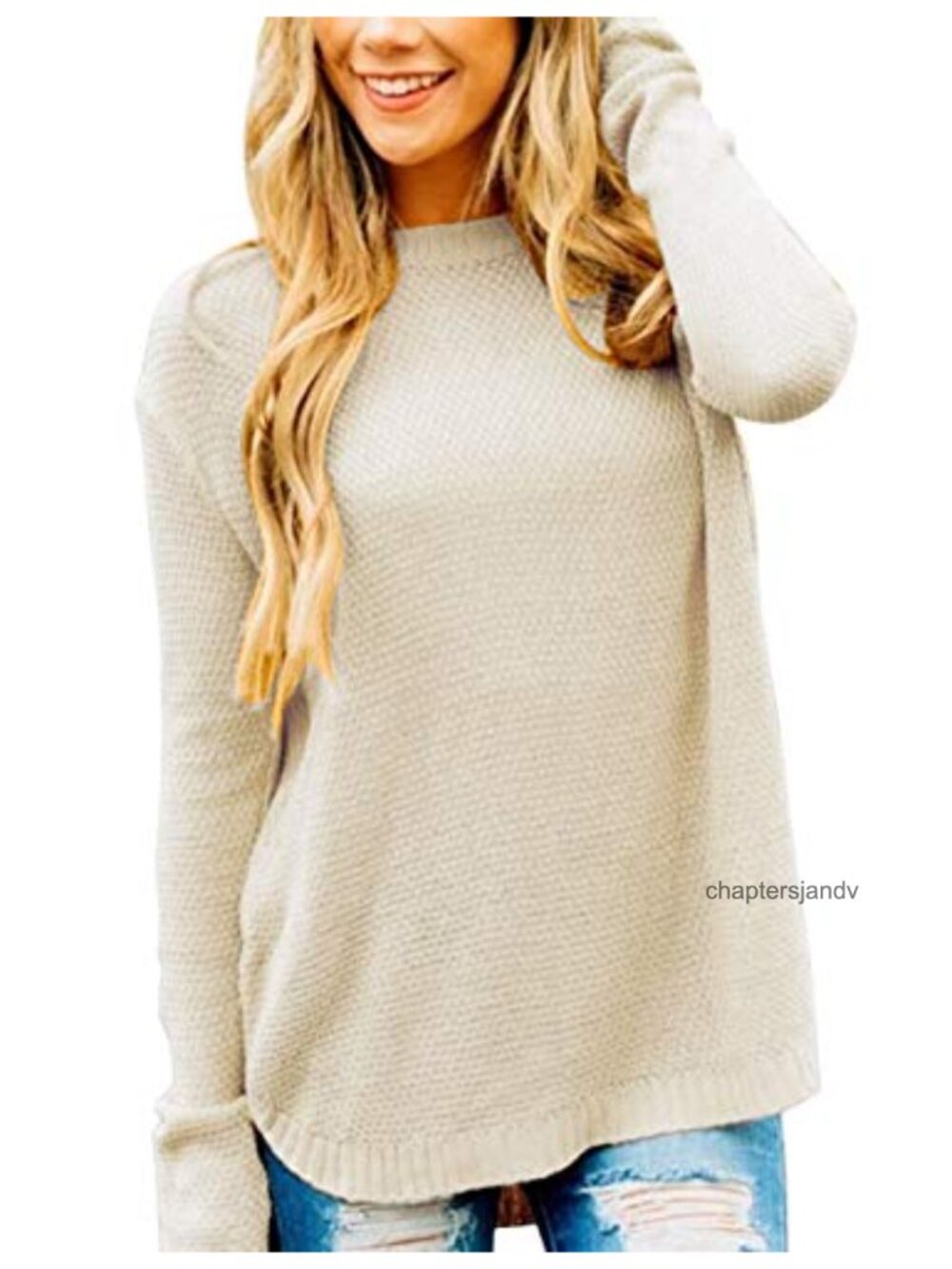 Womens Soft Knit Crew Neck Pullover Sweater Ribbed Long Sleeve Curved Hem Casual